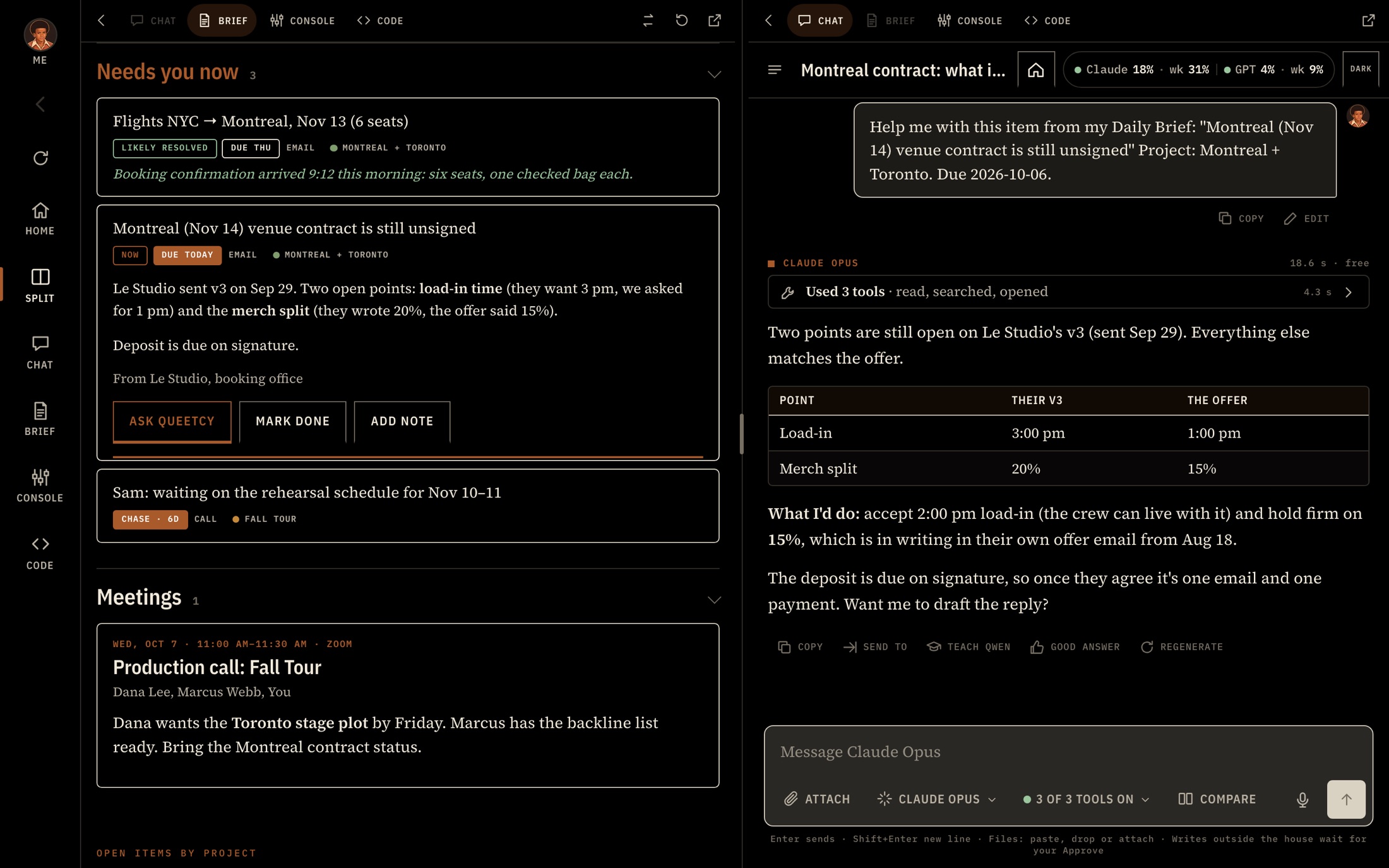 Split View: the Brief beside Chat