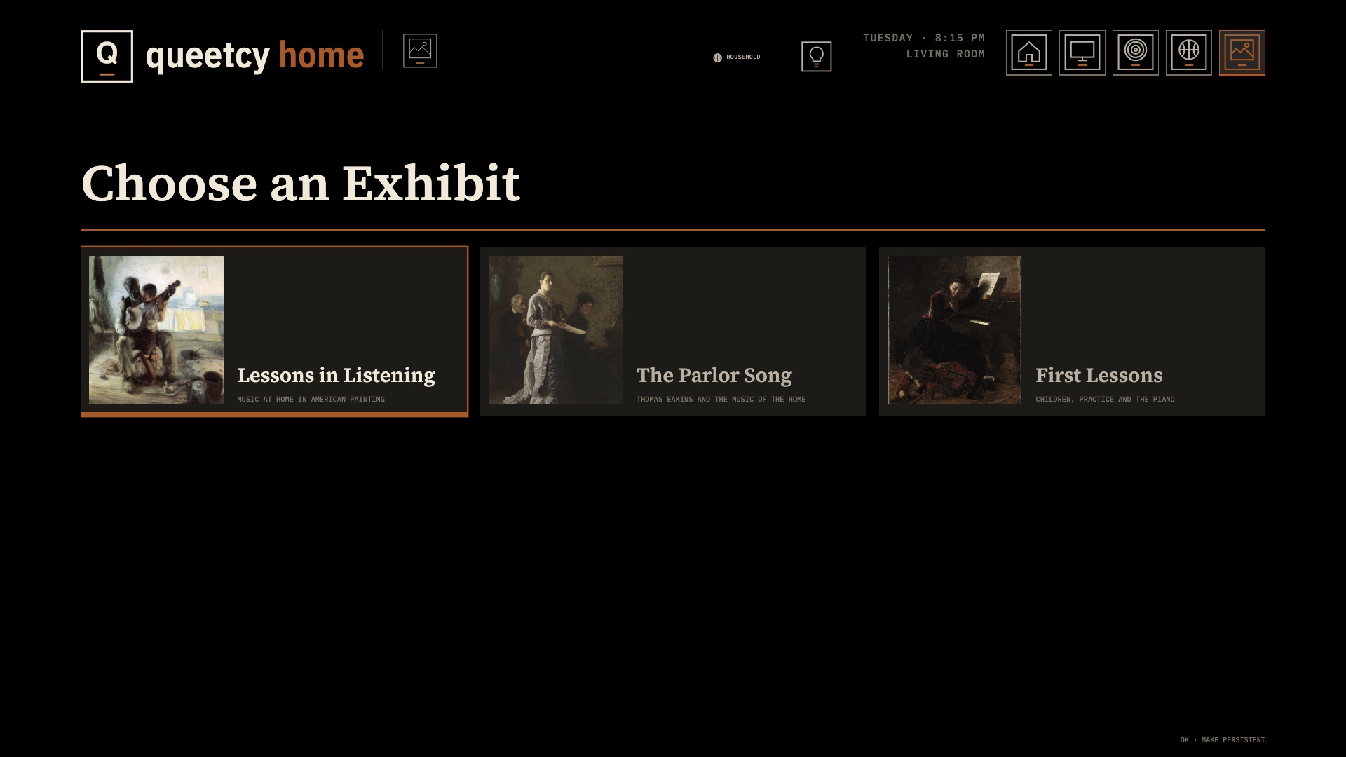 Turn the TV into a gallery: pick an exhibition and it stays on the wall.