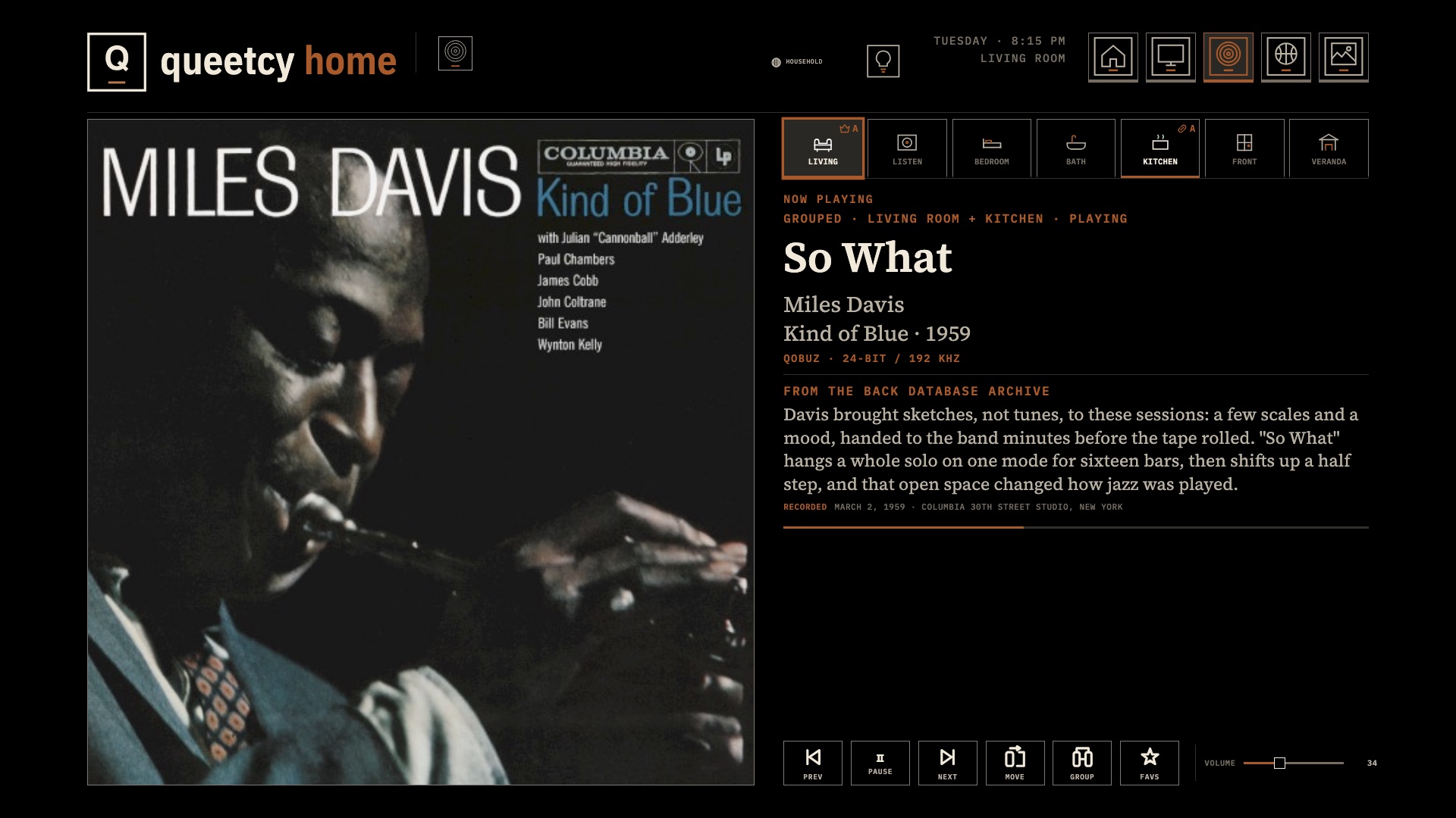 The TV runs the music in every room; here the Kitchen has joined the Living Room for Kind of Blue.